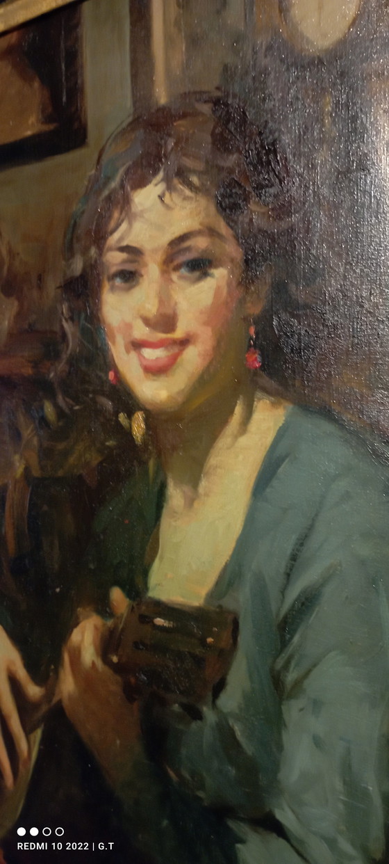 Image 1 of ANTIQUE LARGE PAINTING OF A MANDOLIN PLAYER FROM THE 19TH CENTURY