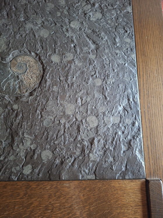 1970s Brutalist Coffee Table With 2 Real Ammonite Fossils – Solid Oak – Stone, Wood (photo 3 of 5)