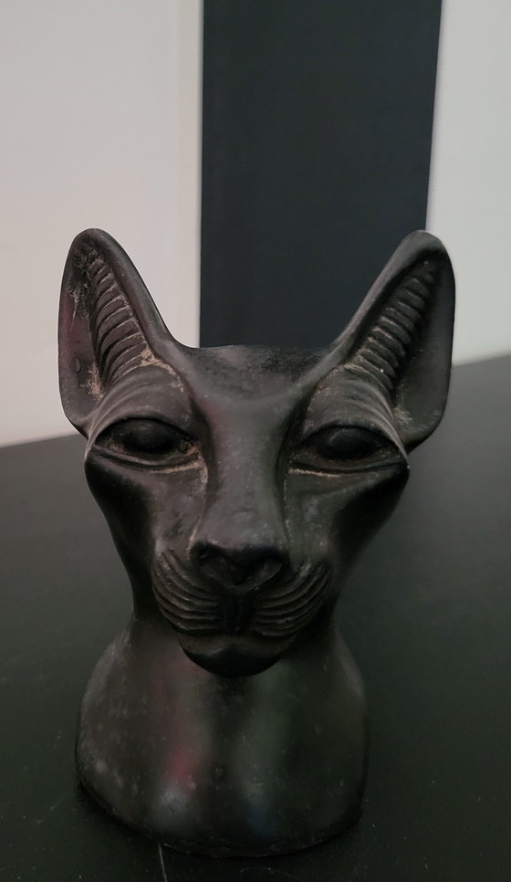 Image 1 of Black stone statuette of the Egyptian goddess Bastet.