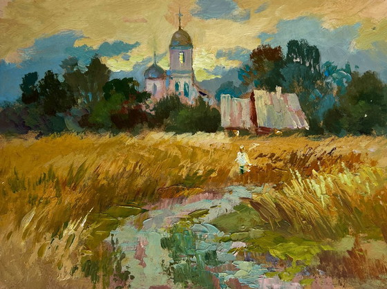 Image 1 of Original Oil Painting Evening Church Landscape Golden fields and sunset