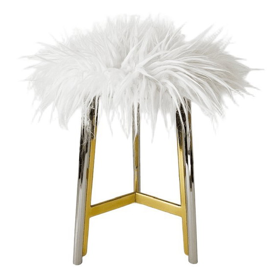 Image 1 of Vintage Italian mid-century Hollywood Regency stool brass chrome fake fur 1950s