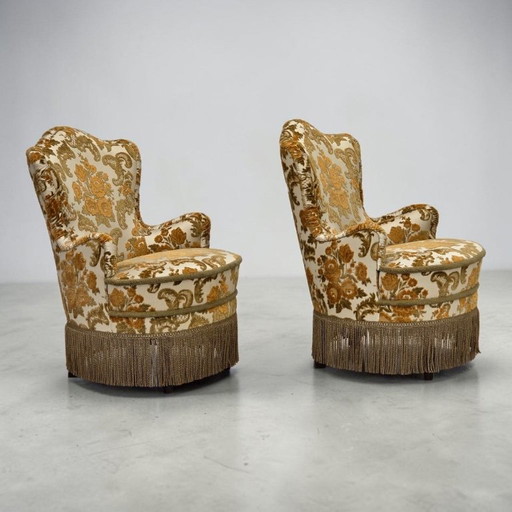 Années 1970, paire de 2 petits fauteuils danois, tissu d'ameublement marron/beige. – Textile