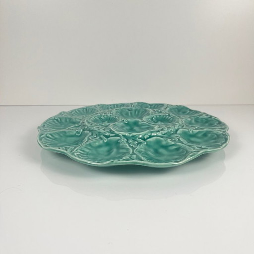 Gran fuente para ostras Gien, cerámica vidriada, color turquesa, 1960-70