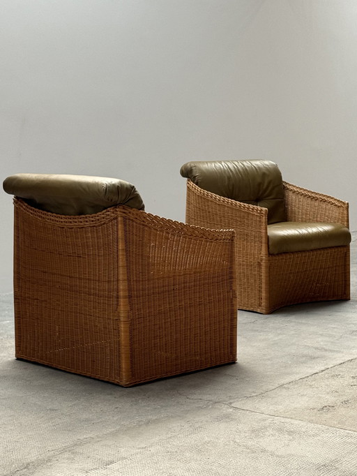 2x Sillón de ratán y cuero verde, Francia, años 60