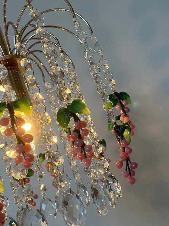 Image 1 of Set of 3 Vintage Pink Grapes Fruit Teardrop Chandelier From Murano