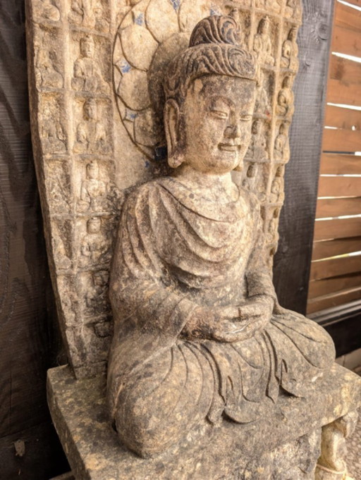 Large Himalayan limestone Buddha stele with naga and temple relief