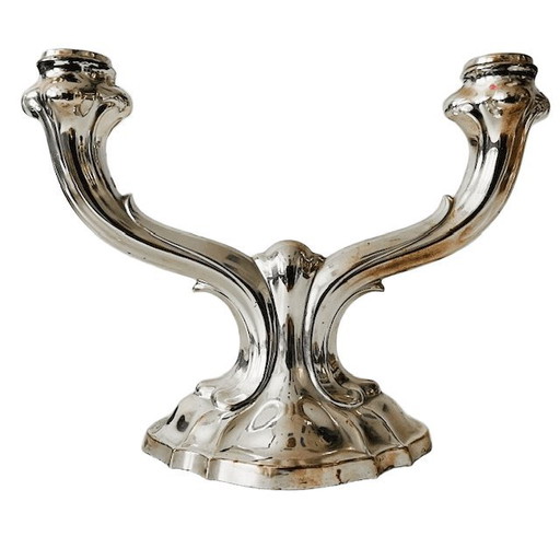 Candeliere tedesco vintage in stile Art Nouveau placcato in argento con doppio braccio, anni '50