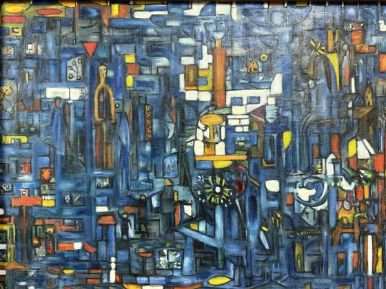 Image 1 of Blue Village Scene by W. Scheijgrond, acrylic on board, Netherlands (attributed), mid–late 20th century