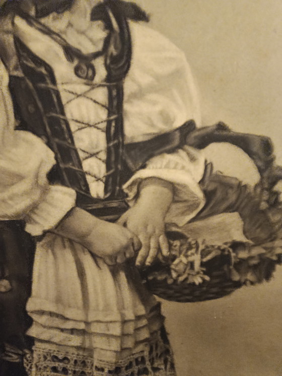 Image 1 of UNIQUE! XL charcoal drawing, antique, circa 1900, portrait of a girl with a fruit basket