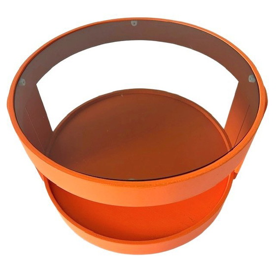 Image 1 of Vintage mid-century space age verrijdbare bijzettafel oranje op wieltjes 1960's