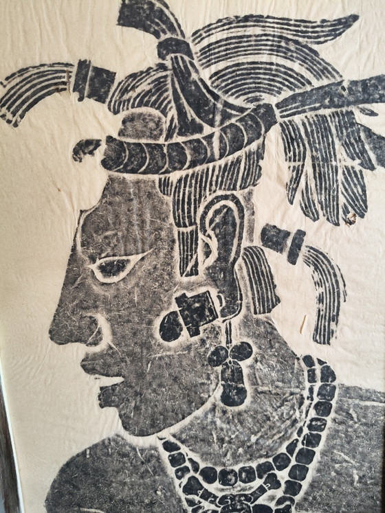 Image 1 of Original 1967 Mid-Century Maya Stone Rubbing – Palenque, Mexico (Framed)