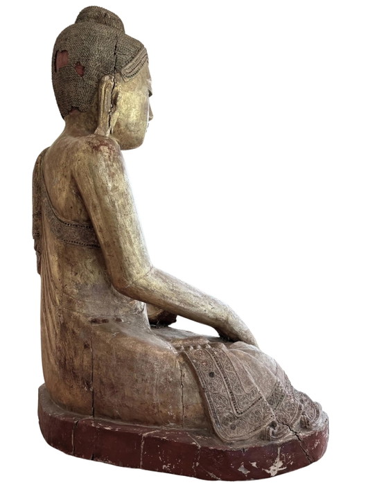 Large Antique Wooden Buddha 120 cm - Mandalay with Inlaid Eyes – Sculpture (photo 6 of 11)