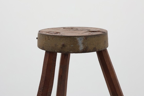 Image 1 of Brutalist French solid oak tripod stool with metal rim, 1850s