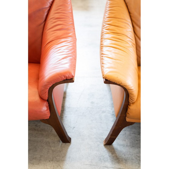 Image 1 of Pair of vintage Frau cognac and burgundy leather sofas, 1980s-1990s