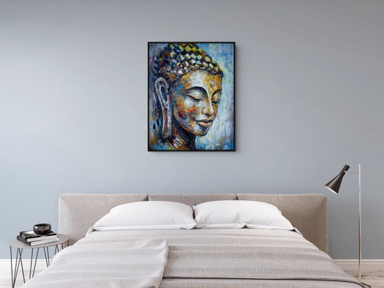 Image 1 of Unique hand-painted Buddha painting "Golden Serenity" – Seksak Jaichumchen – 80 × 100 cm