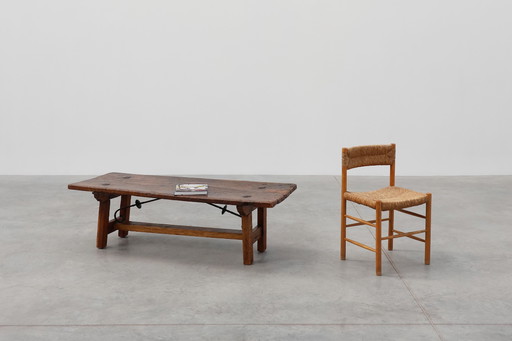 Tavolino brutalista spagnolo del XVII secolo in legno e ferro battuto