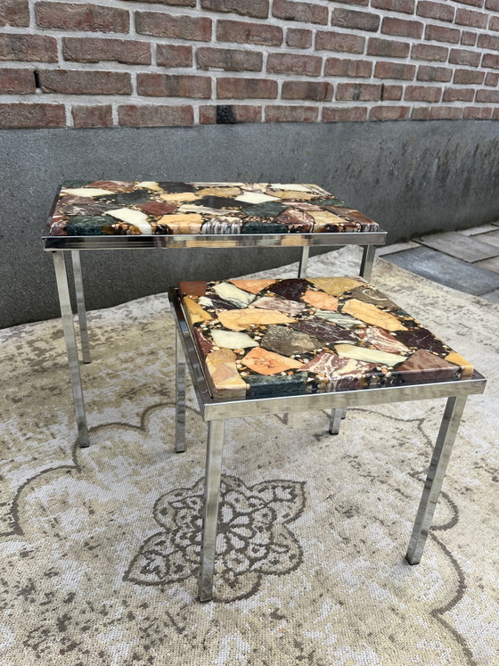 Tavolini laterali vintage cromati con piano in onice e marmo – Iron, Marble (photo 8 of 11)