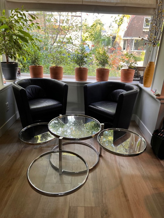 Unique vintage Italian coffee table with chrome frame and four round glass tops. Three outer tops can be (photo 4 of 10)