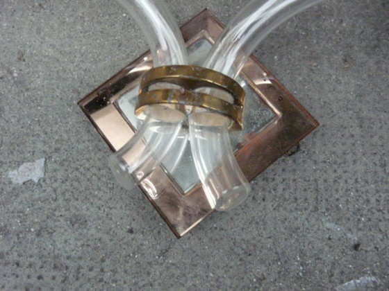 Image 1 of Aplique de pared Art Déco de dos brazos con espejo y latón.