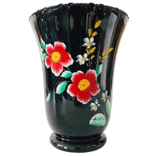 Grande vaso in vetro hyalith con fiori neri, anni '50