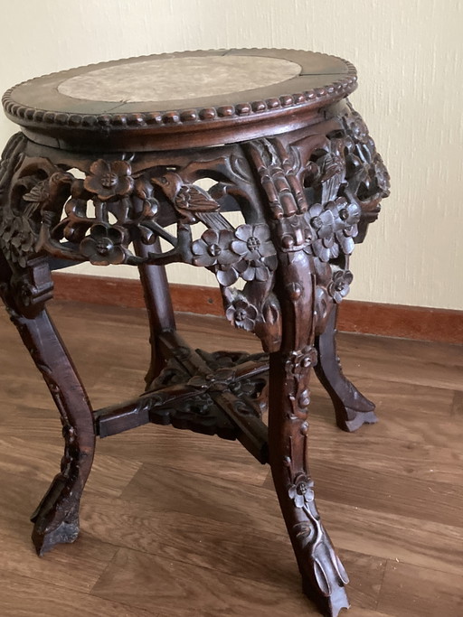 Antique Chinese Richly Decorated Wood Carving, Birds and Flowers – plantentafel, Marble