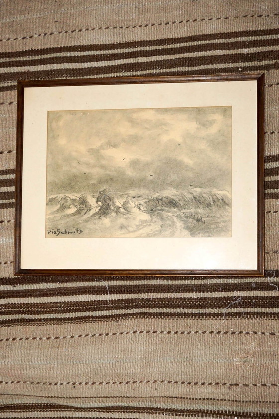 Image 1 of Antique Dutch Countryside Landscape Drawing by Pie Schmidt * 1920s * Framed * Original Sketch * Pencil Drawing