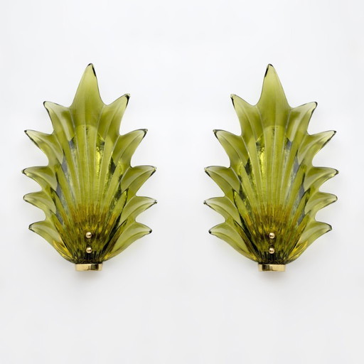 Pair Barovier & Toso Style Modern Italian Murano Glass Leaf Sconces