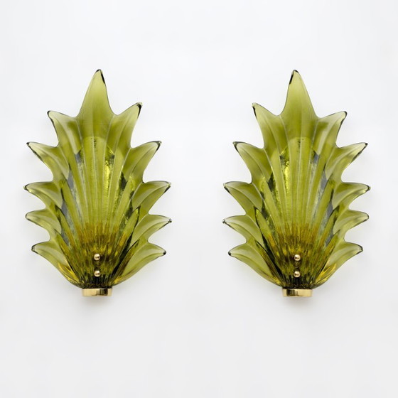 Image 1 of Pair Barovier & Toso Style Modern Italian Murano Glass Leaf Sconces