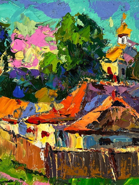 Image 1 of Peinture à l'huile originale représentant un paysage rural dans une rue du village par une chaude journée ensoleillée.