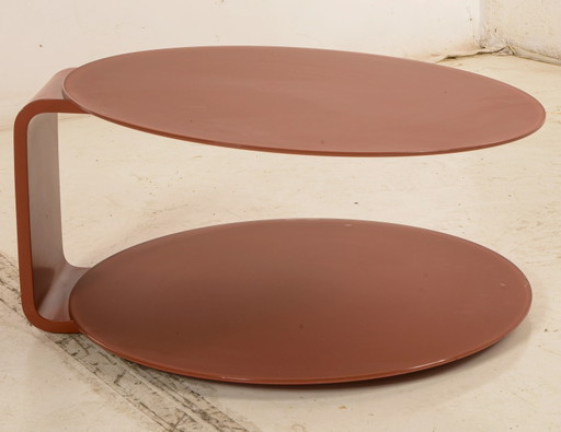 Table basse vintage ronde en bois et verre rouge