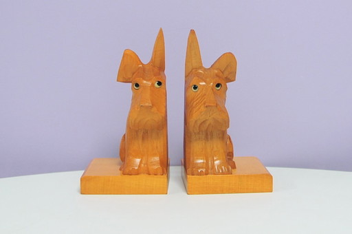 set x2 wooden bookends dogs