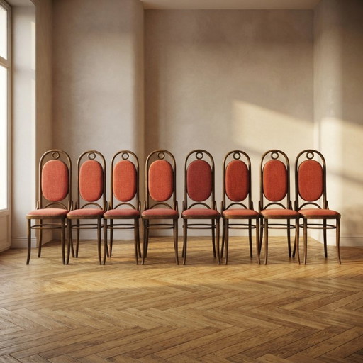 Set di 8 sedie da pranzo vintage in legno curvato con schienale alto, Thonet, anni '70, 45 × 40 × 115 cm – eetkamerstoelen