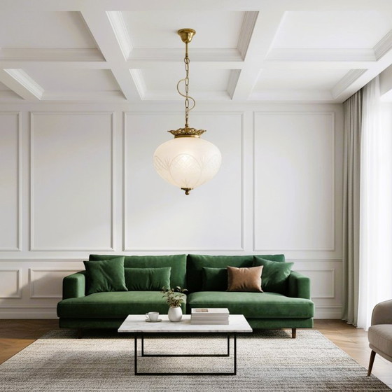 Image 1 of Portuguese regency-inspired frosted glass pendant with ornate brass crown