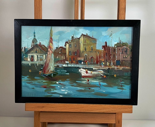 Dipinto ad olio originale: Paesaggio urbano, Architettura, Le antiche vie di Venezia