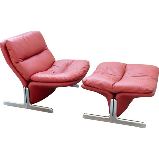 Sillón y otomana vintage de metal y cuero rojo de Vitelli y Ammannati para Brunati, Italia, 1980