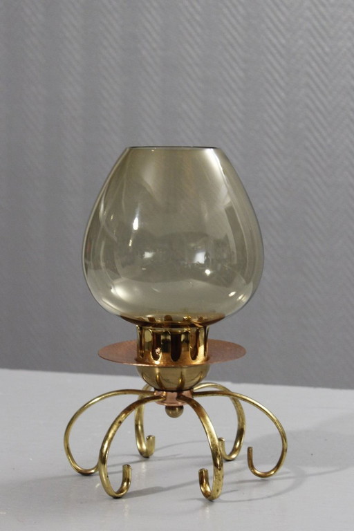 Candelabro antiguo de cobre, latón y cristal, diseño modernista, década de 1950.