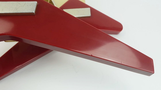 Image 1 of a pair of very rare mid-century door handles push handles red bakelite and aluminum 1950s streamline bungalow