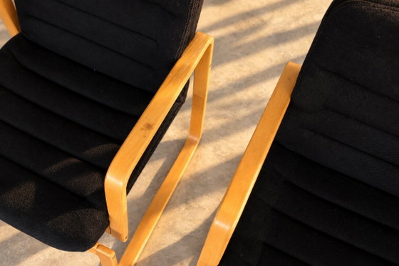 Set of four Dining chairs with wooden frame and black upholstery, Textile, Scandinavian (photo 7 of 10)