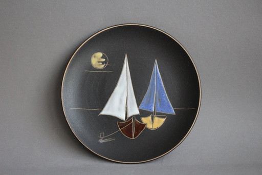 RUSCHA wall plate, sailboats, hand-painted ceramic, mid-century 1950s/60s
