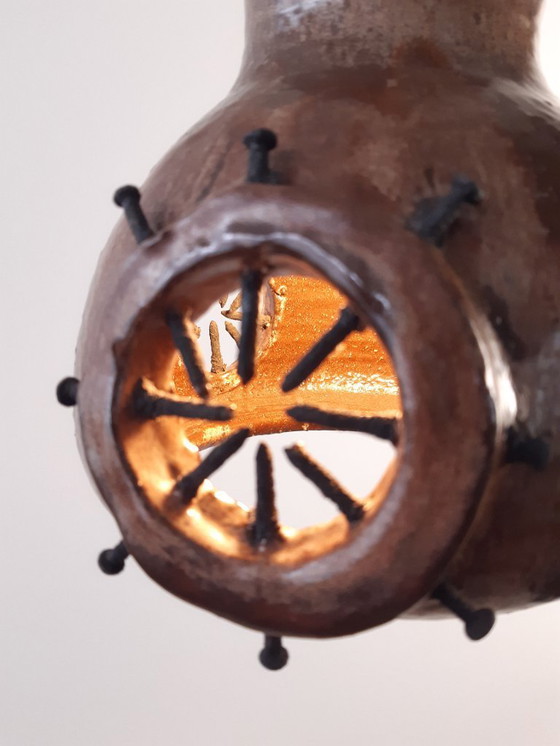 Image 1 of Ceramic earthenware vintage brutalist pendant lamp in brown tones, West Germany fat lava style, wabi-sabi lamp