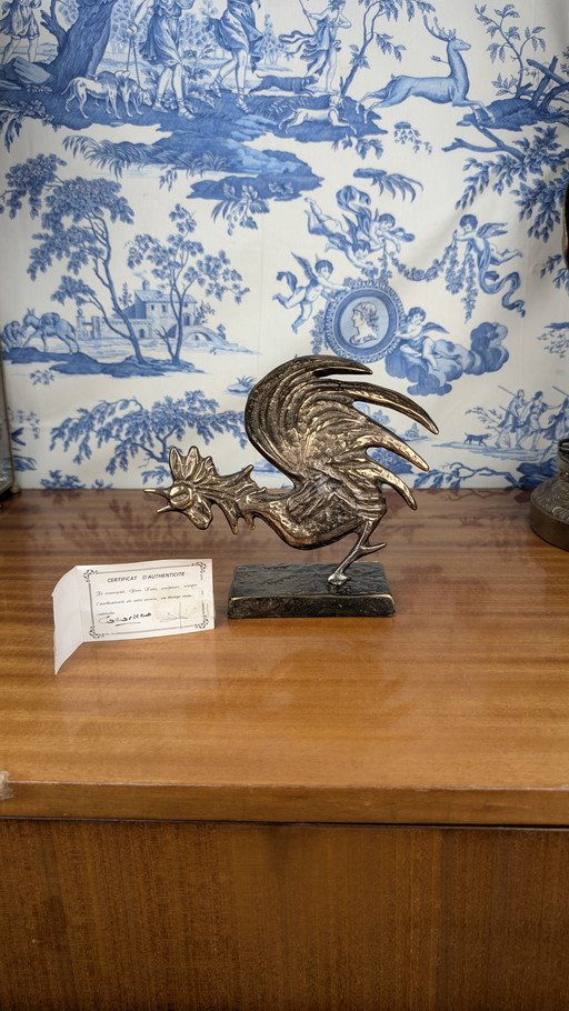 Yves LOHÉ "Cocorico" gilded bronze rooster sculpture with certificate, Vintage 1990