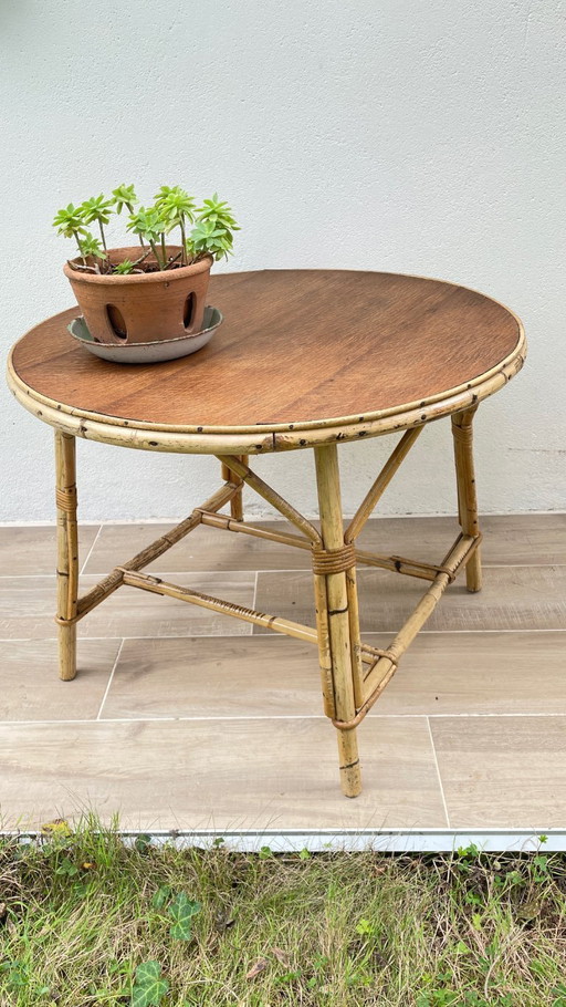 RUNDER Couchtisch Rattan und Eiche VINTAGE