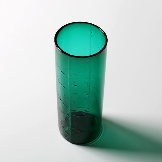 Image 1 of Green Mid-century Glass Vase Ek with Plant Pattern / Björkshults Glasbruk / Sweden / 1970s