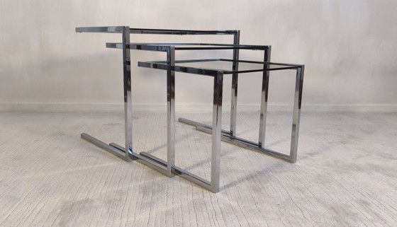 Image 1 of 😍✨ Set of 3 vintage chrome and smoked glass nesting tables, Roche Bobois / Guy Lefèvre style – 1970s ✨😍