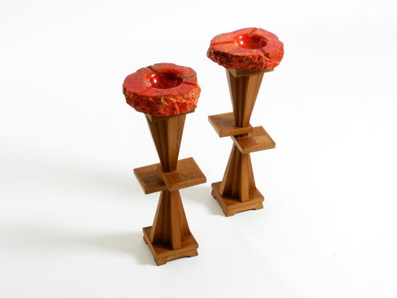 Image 1 of Two Unique Mid-Century Standing Ashtrays Consisting of Red Alabaster Cup with Beautiful Wooden Stand with Shelves