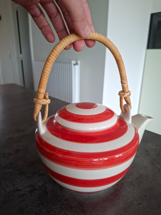 Coral-beige striped teapot with rattan handle, Mount Everest Tea, Kitchen accessories, Ceramic, Red (photo 3 of 8)
