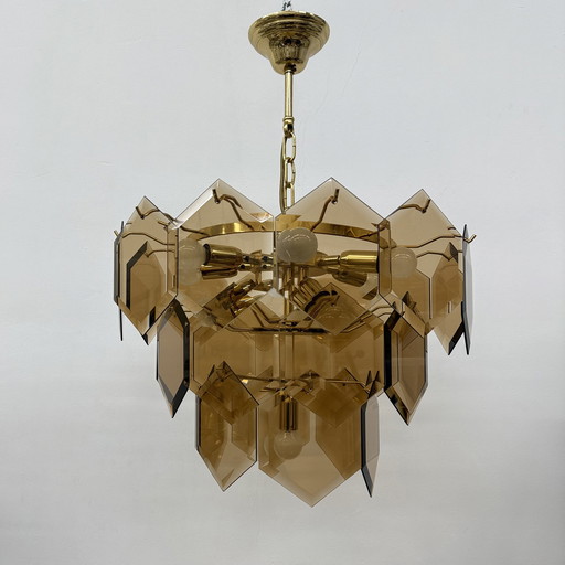 Kroonluchter in Mid Century Vistosi stijl met zeshoekige gerookte glazen schijven, 1970