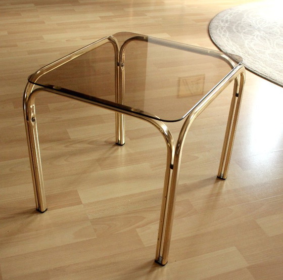 Image 1 of Small side table, brass/smoked glass top, Space Age