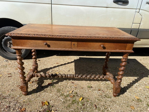 Louis XIII style 2-drawer desk in oak with twisted legs 130x65cm