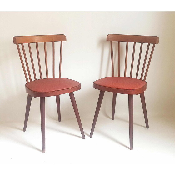 Image 1 of Pair of vintage model 740 chairs in beech and red leatherette for Baumann, 1950